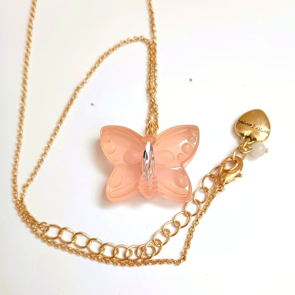 Betsey Johnson Butterfly Necklace 19" Pink Gummy Pendant Gold Tone Jewelry